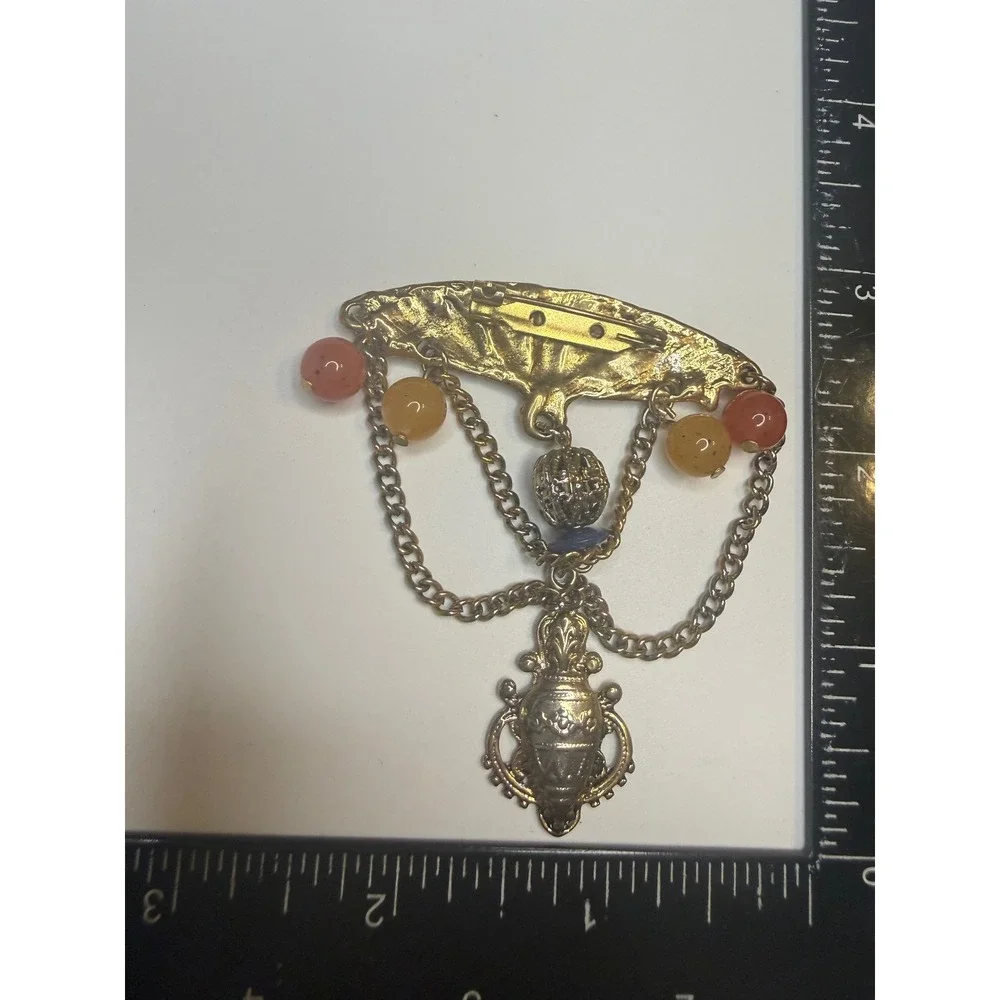 Gold Tone Fan Brooch with Dangle Chains Urn Pendant and Colorful Beads